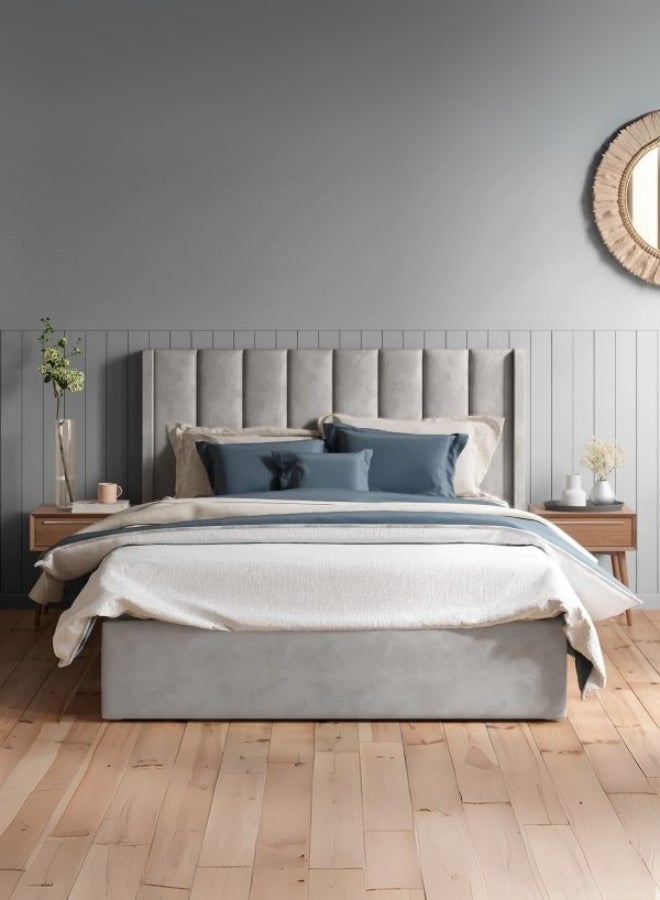 Bed and Mattress Home Slumbroza Stance Tufted Upholstered Large Twin Size ( Mattress Size 140 X 200 CM ) Grey Color Bed Size 212 W X 148 L CM ( Mattress Sold Separately )  - Image 1