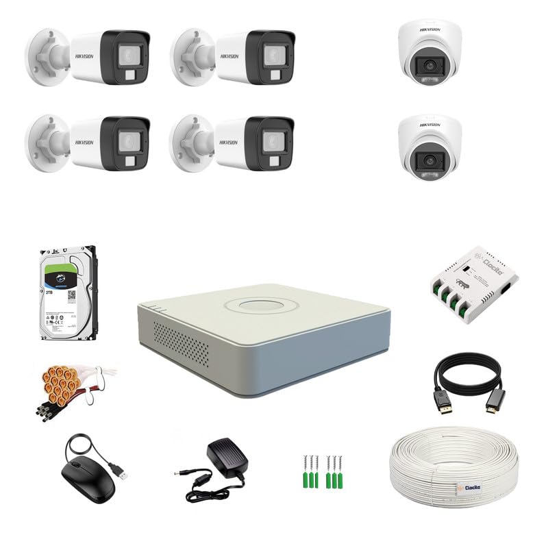 Clocite Hikvision 3K5MP 8 Channel DVR 3K 5MP 2 Dome 4 Bullet Cameras Color Night Vision Builtin Audio MIC Smart Dual Light Motion Detection 2 TB HDD 8 CH SMPS CCTV Cable BNCDC - Image 1