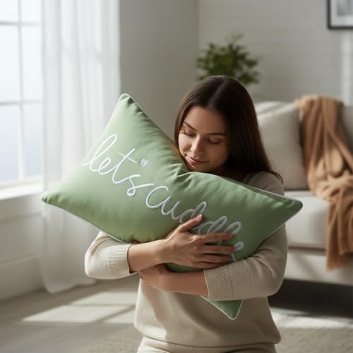 Sanmetex Let's Cuddle Lumbar Pillow Cover 12x20 Inch Sage Green and White Rectangle Cotton Throw Pillowcase Embroidery Cushion Cover for Bed Bedroom Living Room - Image 2