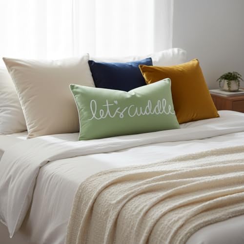 Sanmetex Let's Cuddle Lumbar Pillow Cover 12x20 Inch Sage Green and White Rectangle Cotton Throw Pillowcase Embroidery Cushion Cover for Bed Bedroom Living Room - Image 5