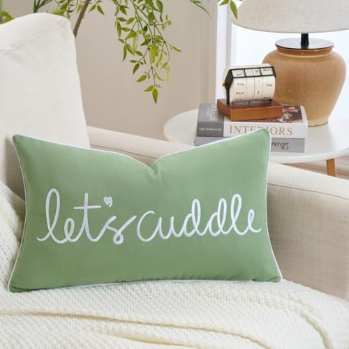 Sanmetex Let's Cuddle Lumbar Pillow Cover 12x20 Inch Sage Green and White Rectangle Cotton Throw Pillowcase Embroidery Cushion Cover for Bed Bedroom Living Room - Image 1