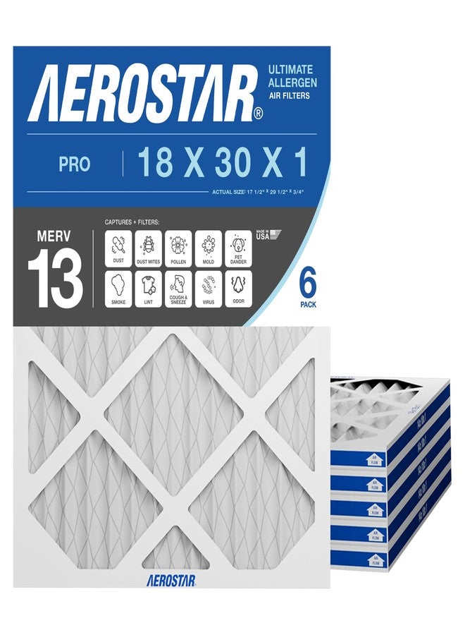 Aerostar 18x30x1 MERV 13 Pleated Air Filter, AC Furnace Air Filter, 6 Pack (Actual Size: 17 3/4" x 29 3/4" x 3/4") - Image 1