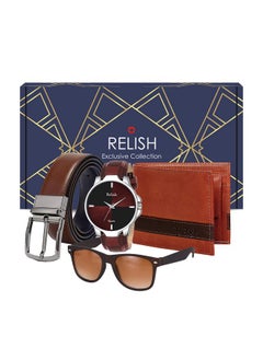 Relish Leather Analogue Men'S & Boy'S Brown Watch, Belt, Wallet And Sunglasses Combo Valentine Gifts Birthday Gift For Mens