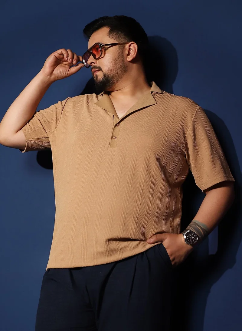 Instafab Plus Men's Peanut Brown Rope-Tactile Cuban Polo T-Shirt