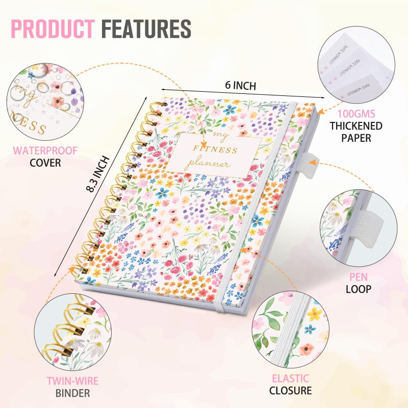 Plauthus Fitness Journal for Women, Fitness Planner with Monthly Calendar, ( 8.3" x 6") Floral Pattern Hardcover Workout Log Book Track Training, Diet, Progress, Achieve Wellness Goals, Perfect for Fitness Enthusiast - Image 3