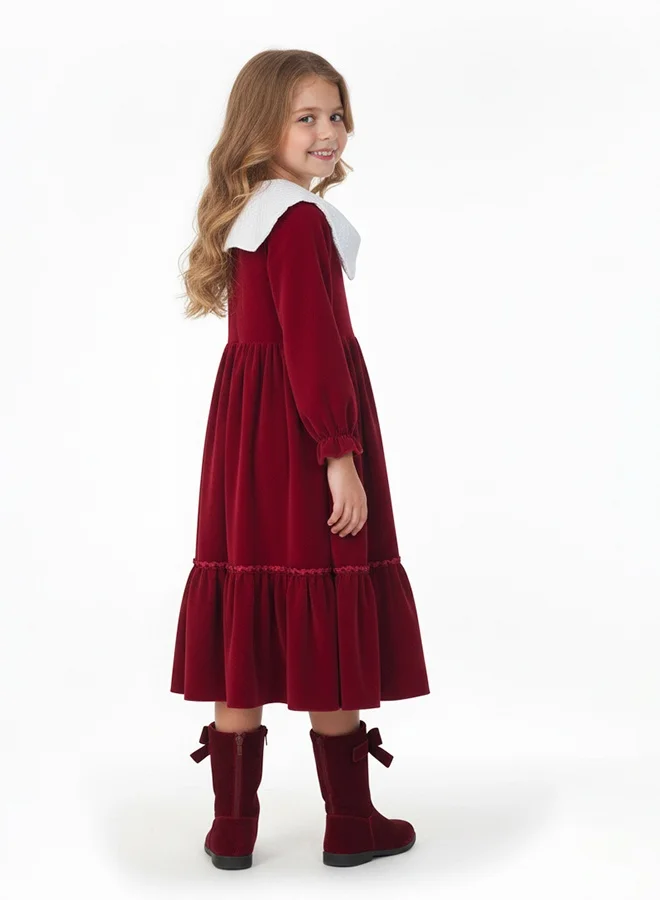 عبايات حوراء فستان بناتي مخمل خمري بياقة عريضة وربطة أمامية – أناقة شتوية كلاسيكية