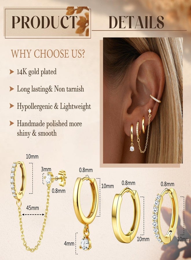 Florideco 4 Pairs Small Hoop Earrings for Women Trendy 14K Gold Plated Chain Drop Earrings Set Hypoallergenic CZ Huggie Hoops Lightweight Cartilage Earring Stacks Women's Jewelry Gifts, Stainless - Image 2