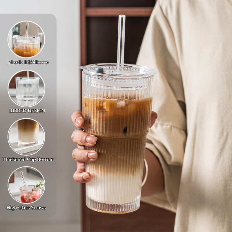 INSETLAN 20 oz Ribbed Glass Tumblers with Lids and Glass Straws â€“ 4-Piece Glassware Set, Thickened Wall, Ideal for Iced Coffee, Smoothies, Cocktails, and Juices â€“ Elegant and Durable Drinkware - Image 4