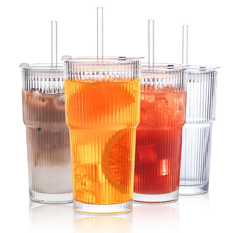 INSETLAN 20 oz Ribbed Glass Tumblers with Lids and Glass Straws â€“ 4-Piece Glassware Set, Thickened Wall, Ideal for Iced Coffee, Smoothies, Cocktails, and Juices â€“ Elegant and Durable Drinkware - Image 1