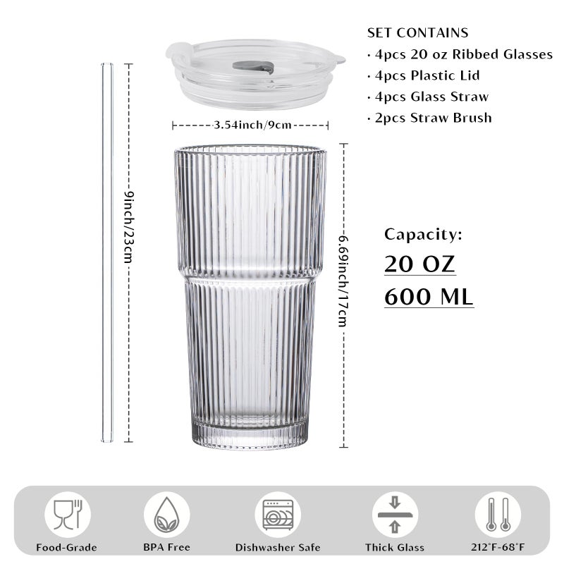 INSETLAN 20 oz Ribbed Glass Tumblers with Lids and Glass Straws â€“ 4-Piece Glassware Set, Thickened Wall, Ideal for Iced Coffee, Smoothies, Cocktails, and Juices â€“ Elegant and Durable Drinkware - Image 2
