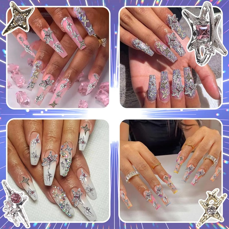 KYLELOVE 90 PCS Nail Gems and Charms Bulk Y2K Alloy Silver Nail Charm 3D Art Rhinestones Planet Star Nail Gems Shiny Jewelry Nail Decorations Accessories - Image 4