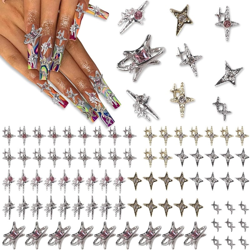KYLELOVE 90 PCS Nail Gems and Charms Bulk Y2K Alloy Silver Nail Charm 3D Art Rhinestones Planet Star Nail Gems Shiny Jewelry Nail Decorations Accessories - Image 1