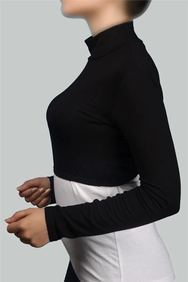 التوبة Long Sleeve Turtleneck Turtleneck Lycra Combed Cotton Women's Half Bodysuit - Black