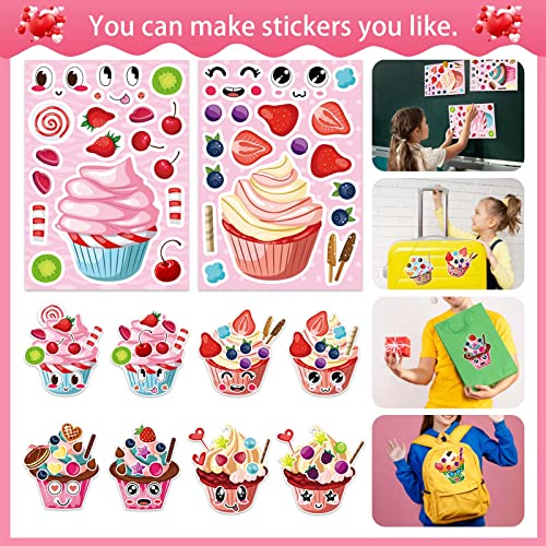DUJAA 24 Sheets Make-a-face Cupcake Stickers Make Your Own Dessert Stickers Mix and Match Sweets and Fruit Treats Party Favor Supplies for Kids Ice Cream Sticker Games Birthday DIY Art Crafts - Image 2