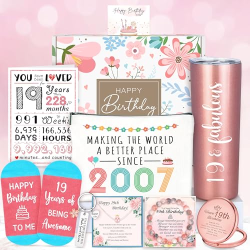 YENCHORN 19 Year Old Girl Birthday Gift Ideas Happy 19th Birthday Gifts for Girls Unique Gifts for 19 Year Old Female, Women, Daughter, College Girls Cool 19th Decorations Gift Box with Tumbler Makeup Bag - Image 1