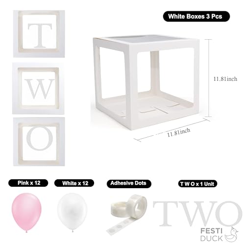 Festi Duck 'TWO' Paper Balloon Box Set - Stylish Lettered Decor for second Birthday & Aniversary Celebration (TWO Birthday Box) 28 pcs set“ 2nd Birthday & second Anniversary (Pink & White) - Image 2