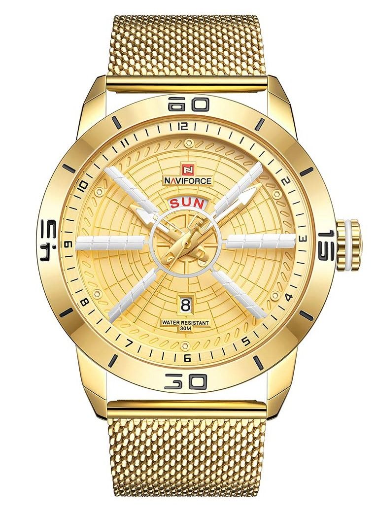 نافيفورس ساعة يد كلاسيكية للرجال بمينا ذهبي من الفولاذ المقاوم للصدأ وشبكة من الفولاذ المقاوم للصدأ - Image 1