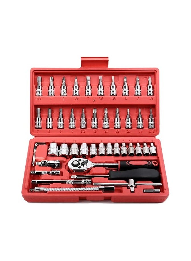 Egofine 46 Pieces 1/4 inch Drive Socket Ratchet Wrench Set, with Bit Socket Set Metric and Extension Bar for Auto Repairing and Household, with Storage Case
