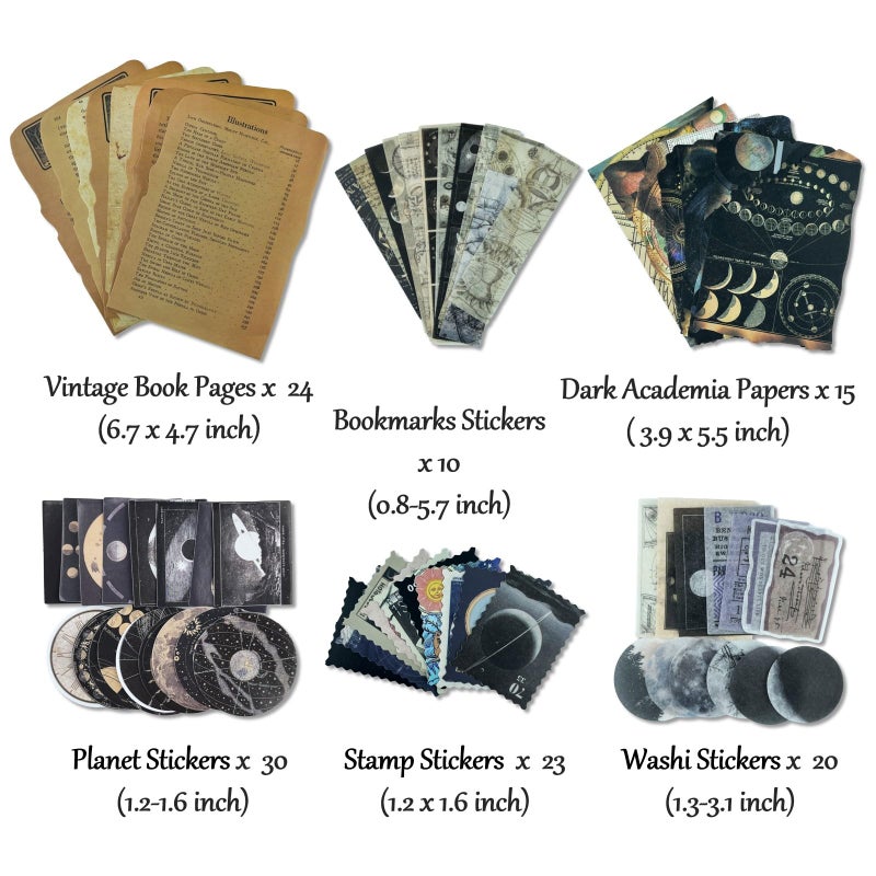 Jukercici Vintage Aesthetic Scrapbook Supplies Kit with Scrapbook Paper, Stickers for Scrapbooking, DIY Albums, Junk Journals, Bullet Journals, Celestial Universe Planets Space Collage Decor (Dark4 125 Pcs) - Image 2