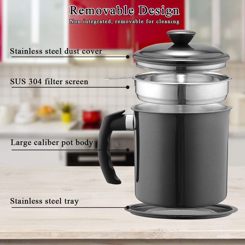 Kyraton Black Bacon Grease Container With Strainer, 48 oz Black Coating Stainless Steel Oil Container, Pot Fat Storage With Lid, Easy Grip Handle Suitable For Storing Frying Oil And Cooking Grease - Image 5