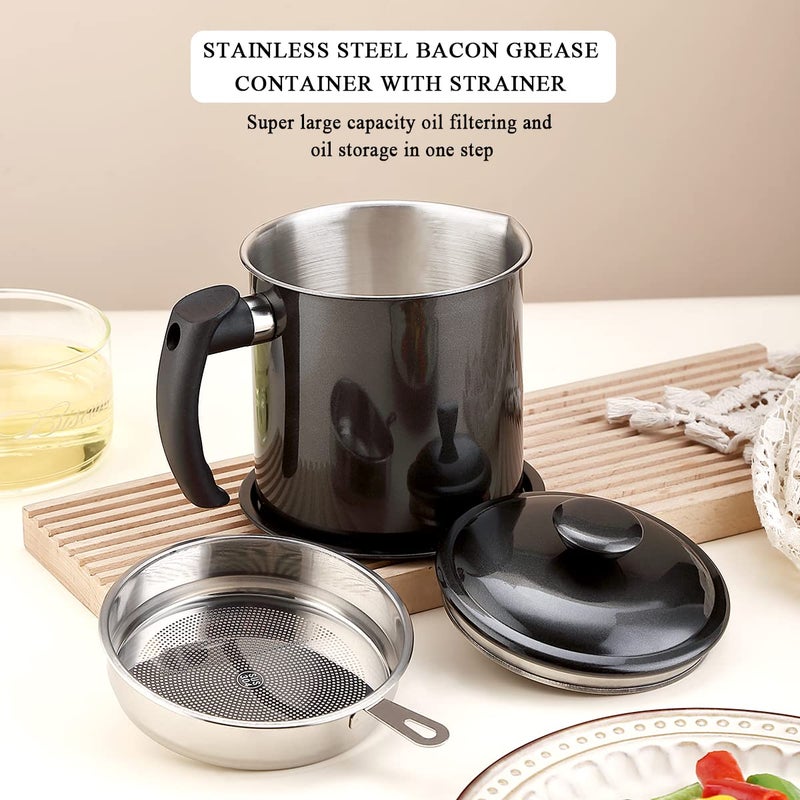 Kyraton Black Bacon Grease Container With Strainer, 48 oz Black Coating Stainless Steel Oil Container, Pot Fat Storage With Lid, Easy Grip Handle Suitable For Storing Frying Oil And Cooking Grease - Image 3