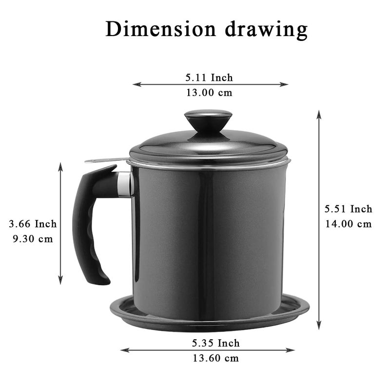 Kyraton Black Bacon Grease Container With Strainer, 48 oz Black Coating Stainless Steel Oil Container, Pot Fat Storage With Lid, Easy Grip Handle Suitable For Storing Frying Oil And Cooking Grease - Image 2