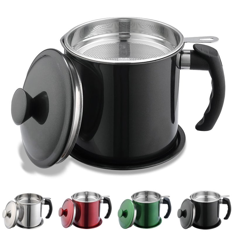 Kyraton Black Bacon Grease Container With Strainer, 48 oz Black Coating Stainless Steel Oil Container, Pot Fat Storage With Lid, Easy Grip Handle Suitable For Storing Frying Oil And Cooking Grease - Image 1