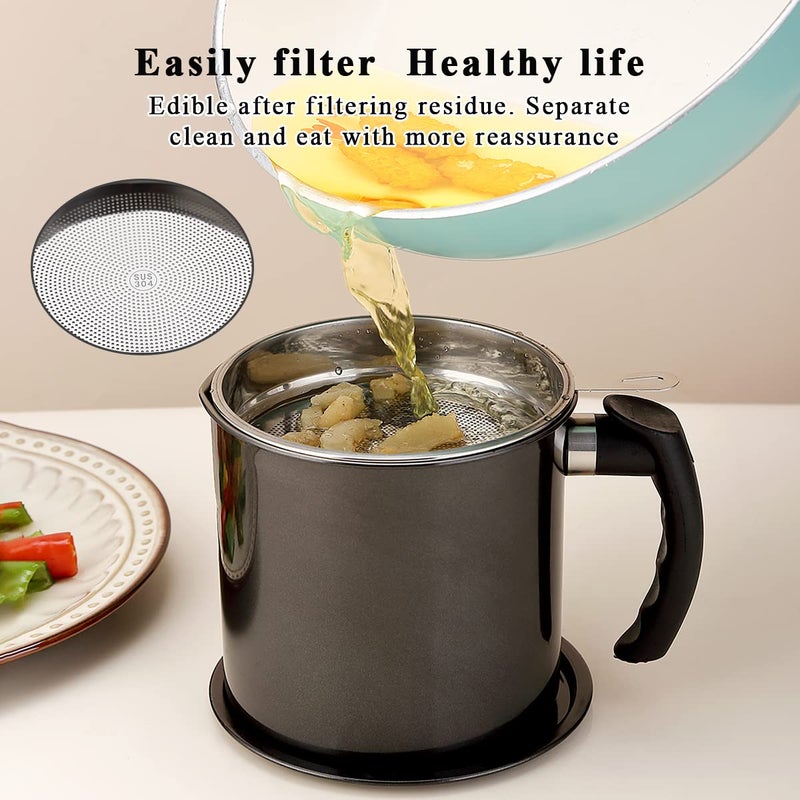 Kyraton Black Bacon Grease Container With Strainer, 48 oz Black Coating Stainless Steel Oil Container, Pot Fat Storage With Lid, Easy Grip Handle Suitable For Storing Frying Oil And Cooking Grease - Image 4