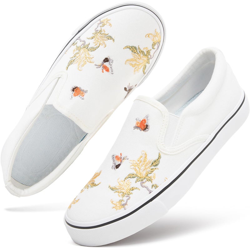 hash bubbie Women's Canvas Slip On Shoes Fashion Sneakers Flats Shoes White Canvas Shoes(White Embroidery.US10) - Image 1