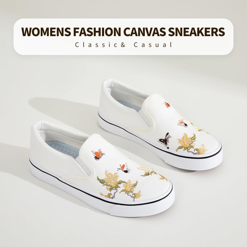 hash bubbie Women's Canvas Slip On Shoes Fashion Sneakers Flats Shoes White Canvas Shoes(White Embroidery.US10) - Image 4