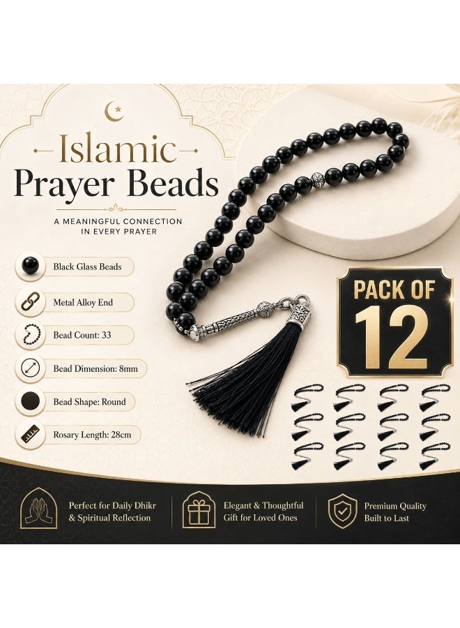 Fabienne Pack of 12 Prayer Beads Black Tasbeeh Beads 33 with Tassel 8mm Glass Beads Misbaha Islamic Zikr Beads Muslim Rosary Sibha for Ramadan Hajj Umrah Gift Set - Image 2