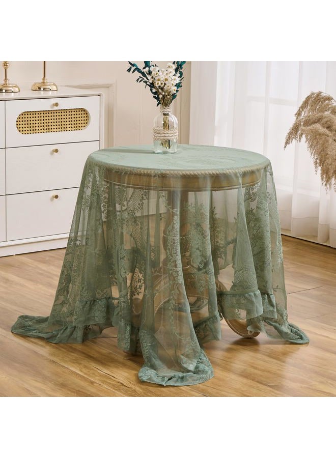 Raedan Green Floral Embroidered Lace Square Tablecloth 55”x55” Vintage Table Cover (Green, 55”x55”, Square) - Image 1