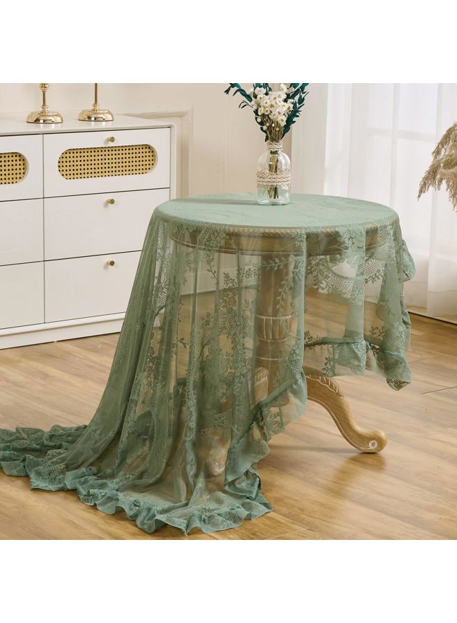 Raedan Green Floral Embroidered Lace Square Tablecloth 55”x55” Vintage Table Cover (Green, 55”x55”, Square) - Image 5