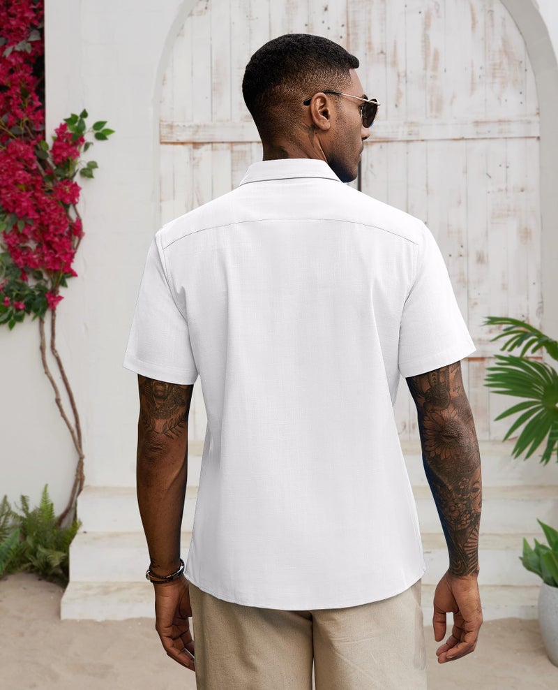 Lion Nardo Guayabera Linen Shirts for Men Short Sleeve Button Down Shirts Cuban Shirts for Men Summer Beach Shirts Plain White - Image 2