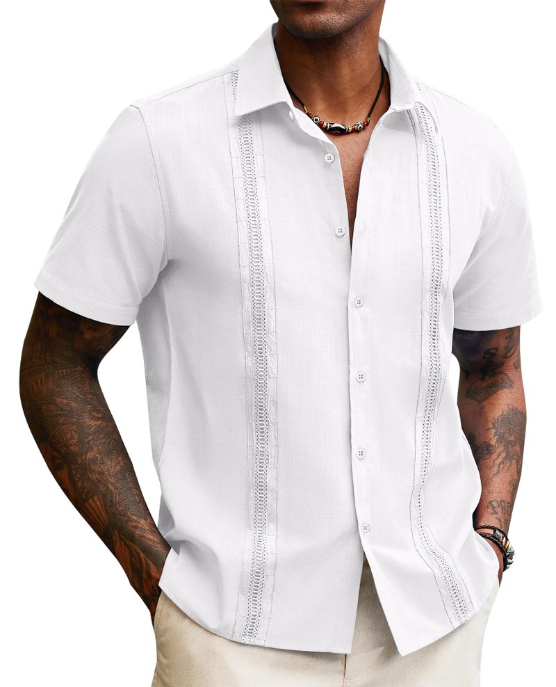 Lion Nardo Guayabera Linen Shirts for Men Short Sleeve Button Down Shirts Cuban Shirts for Men Summer Beach Shirts Plain White - Image 1