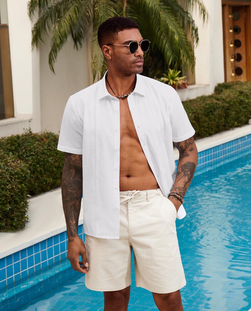 Lion Nardo Guayabera Linen Shirts for Men Short Sleeve Button Down Shirts Cuban Shirts for Men Summer Beach Shirts Plain White - Image 5
