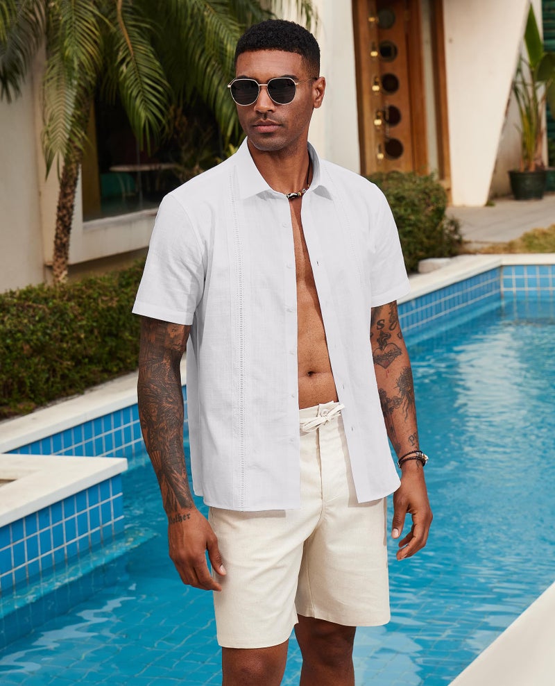 Lion Nardo Guayabera Linen Shirts for Men Short Sleeve Button Down Shirts Cuban Shirts for Men Summer Beach Shirts Plain White - Image 3