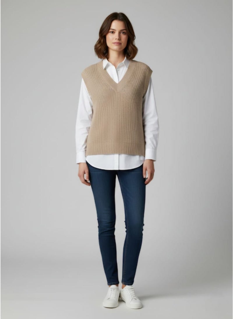 Jennyfer Ribbed V-Neck Sweater Vest – Sandstone - Image 1