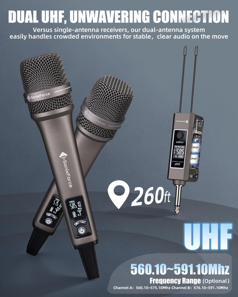 SonixForce Wireless Microphones, Professional Karaoke Microphone, Dual-Mic UHF System with 260ft Range, All-Metal Portable Microphone for Singing, Speaking, Meetings and Events - Image 5