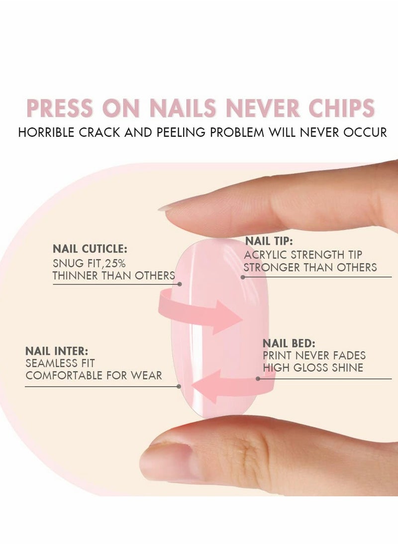 Excefore Press on Nails, 24PCS Glossy French Tips Square Shape Glue on Nails, Cute Flower Glitter Sequins Gradient Pink Full Cover Fake Nails with Designs, Acrylic False Nails for Women Girls DIY Manicure  - Image 5
