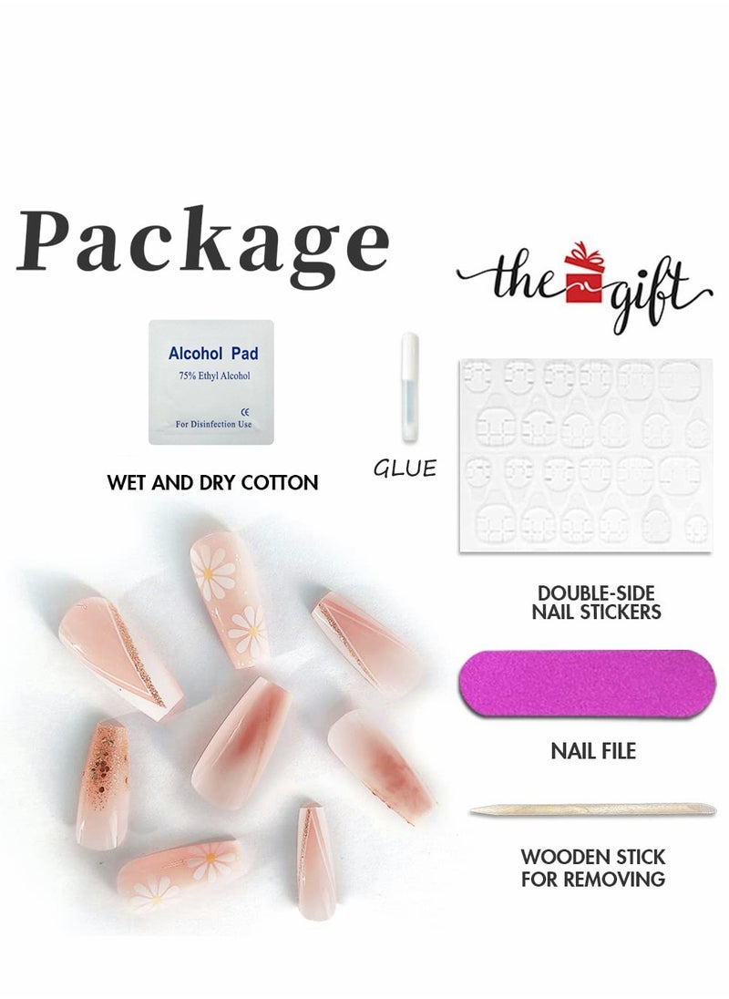 Excefore Press on Nails, 24PCS Glossy French Tips Square Shape Glue on Nails, Cute Flower Glitter Sequins Gradient Pink Full Cover Fake Nails with Designs, Acrylic False Nails for Women Girls DIY Manicure  - Image 3