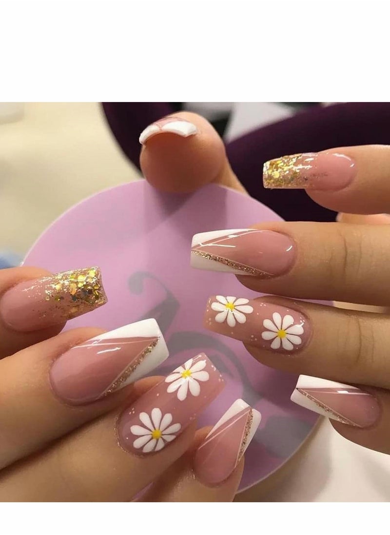 Excefore Press on Nails, 24PCS Glossy French Tips Square Shape Glue on Nails, Cute Flower Glitter Sequins Gradient Pink Full Cover Fake Nails with Designs, Acrylic False Nails for Women Girls DIY Manicure  - Image 1