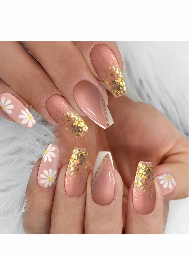 Excefore Press on Nails, 24PCS Glossy French Tips Square Shape Glue on Nails, Cute Flower Glitter Sequins Gradient Pink Full Cover Fake Nails with Designs, Acrylic False Nails for Women Girls DIY Manicure  - Image 2