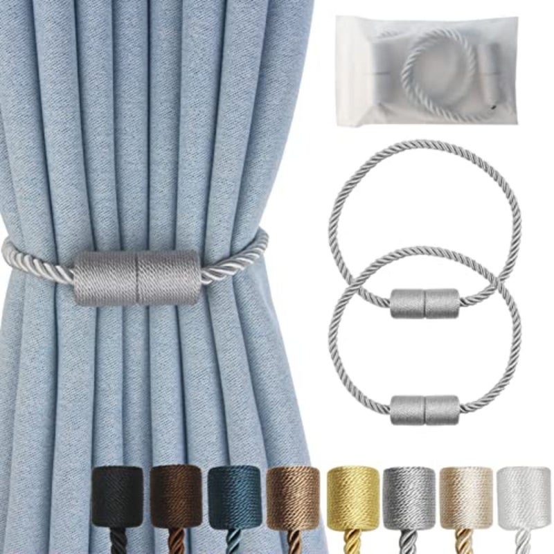 Magnetic Curtain Tiebacks 2 Pack Grey Curtain Rope Tieback Curtain Holders for Drapes Modern Tie Backs Decorative Curtain Holdbacks - Image 1