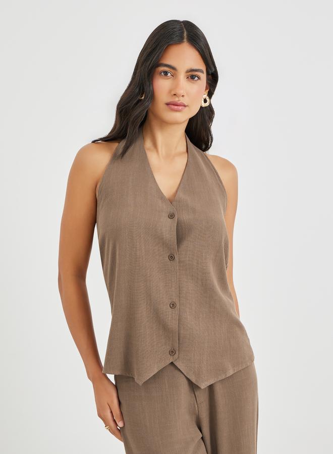 Styli Solid Halter Neck Buttoned Waistcoat - Image 3