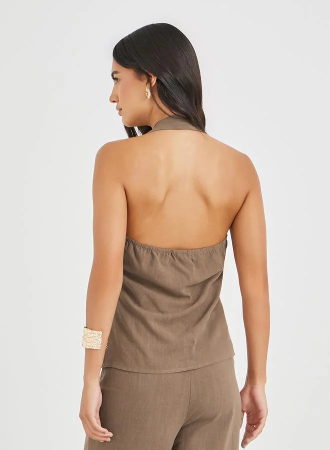 Styli Brown Styli Solid Halter Neck Buttoned Waistcoat for Women | Best Price UAE