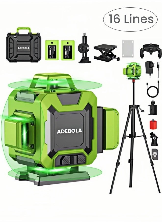 ADEBOLA 4D Laser Level Pro Kit ，16 Lines 360° Self-Leveling with Magnetic Rotating Base， Tripod ，2 Long-Lasting Batteries& Remote Control Perfect for Tile Floors, Construction, Picture Hanging (Portable Toolbox Included)，Green  - Image 1