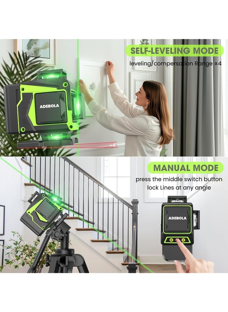 ADEBOLA 4D Laser Level Pro Kit ，16 Lines 360° Self-Leveling with Magnetic Rotating Base， Tripod ，2 Long-Lasting Batteries& Remote Control Perfect for Tile Floors, Construction, Picture Hanging (Portable Toolbox Included)，Green  - Image 3