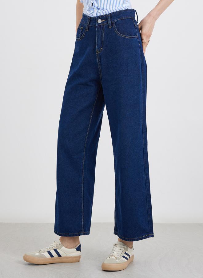 ستايلي جينز نسائي واسع الساق بلون سادة - Image 2