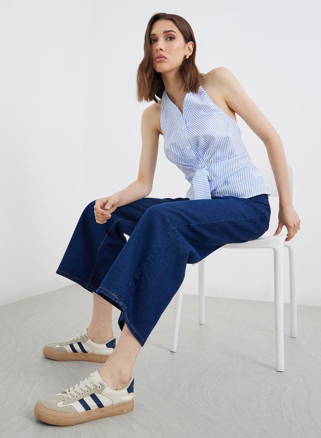 ستايلي جينز نسائي واسع الساق بلون سادة - Image 1